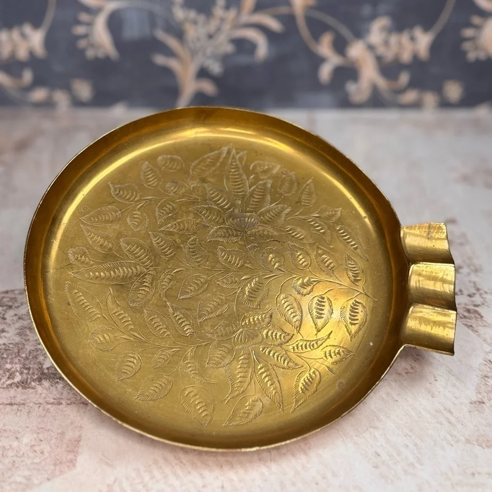 Vintage Brass Etched Floral Tray Small Catchall Dish Estate Find